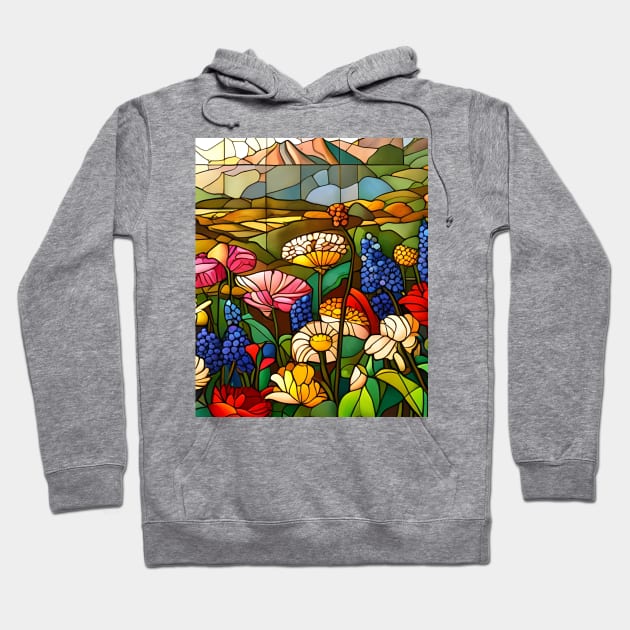 Stained Glass Colorful Mountain Meadow Hoodie by Chance Two Designs